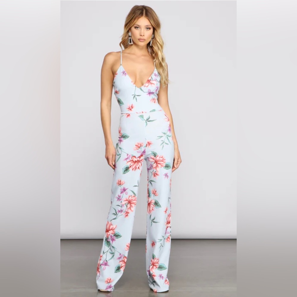 Floral blue jumpsuit.